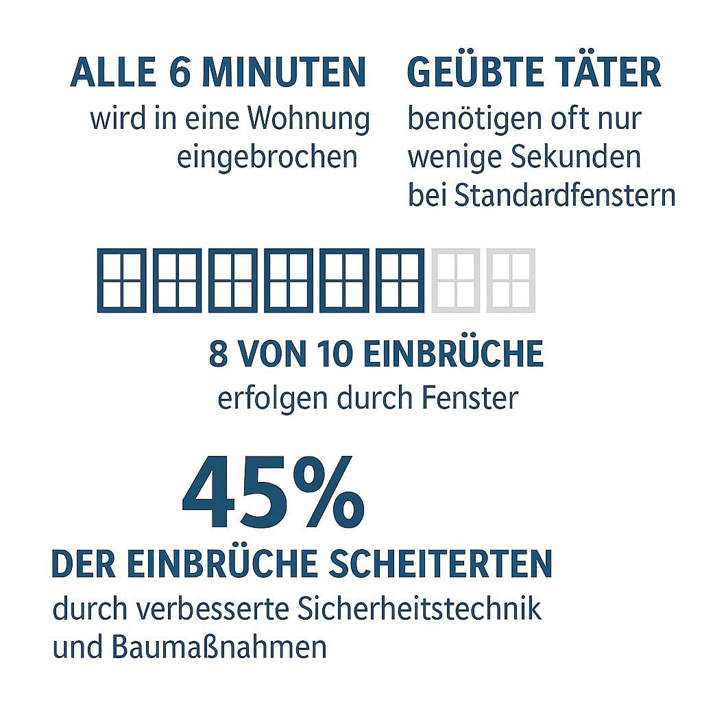 Infografik: Alle 6 Minuten wird eingebrochen, 8 von 10 Einbrüchen erfolgen durch Fenster, 45 % scheitern an Sicherheitstechnik