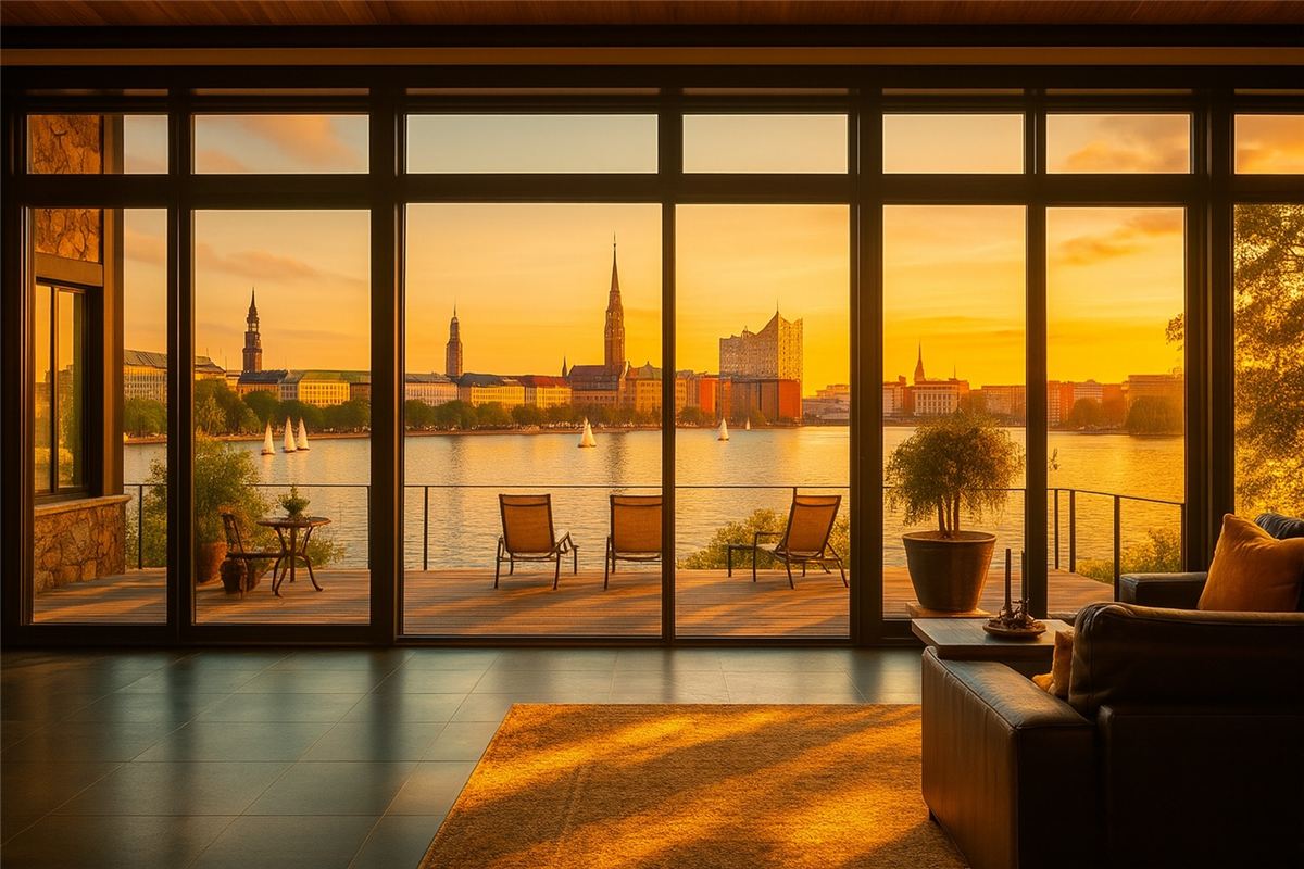 Blick durch große Fenster auf die Hamburger Elbe
