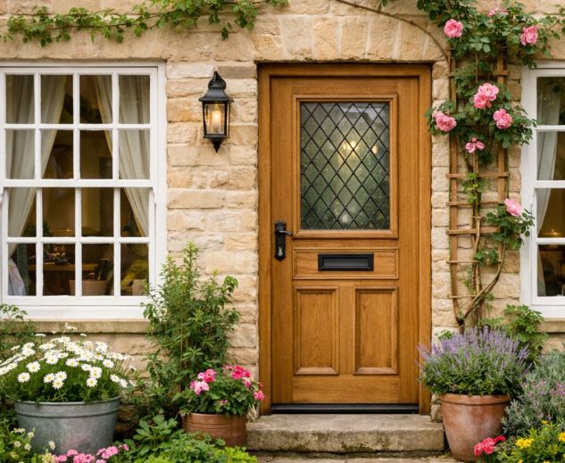 Klassische Holz-Haustür an einem Landhaus mit Blumen