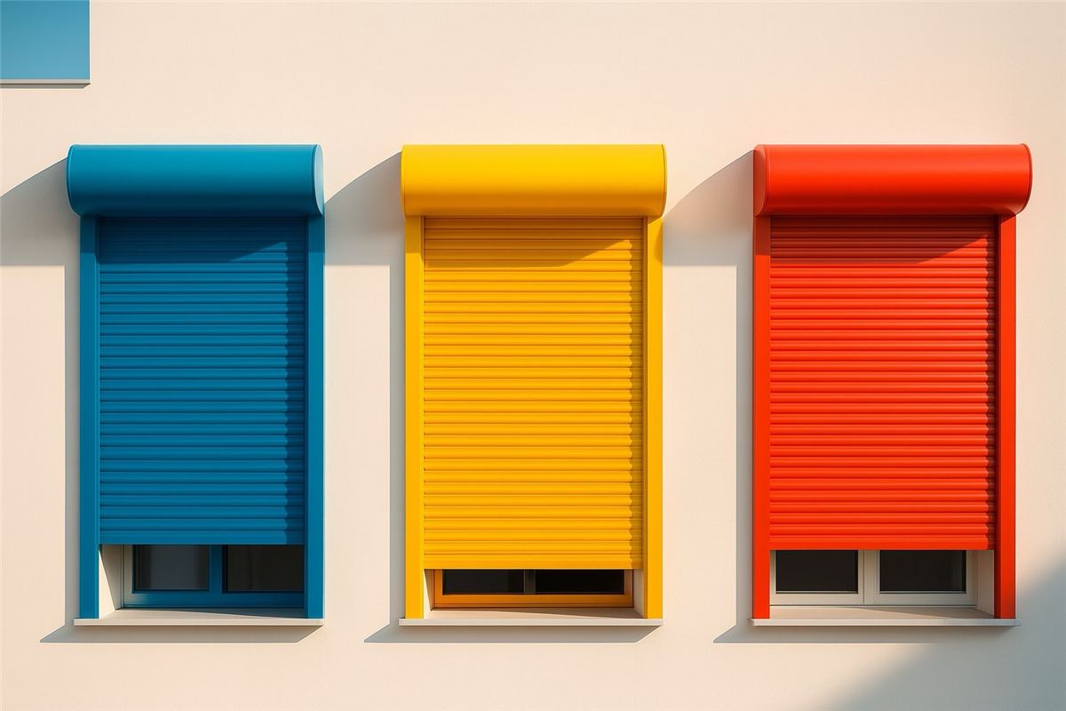 Farbige Rollläden an einer hellen Fassade